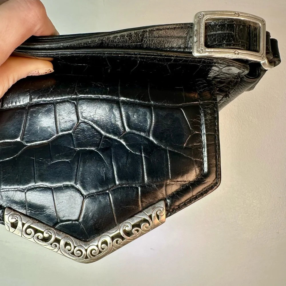 Black Croc-Embossed Leather Crossbody Bag with Silver Trim & Organizer - Picture 3 of 9